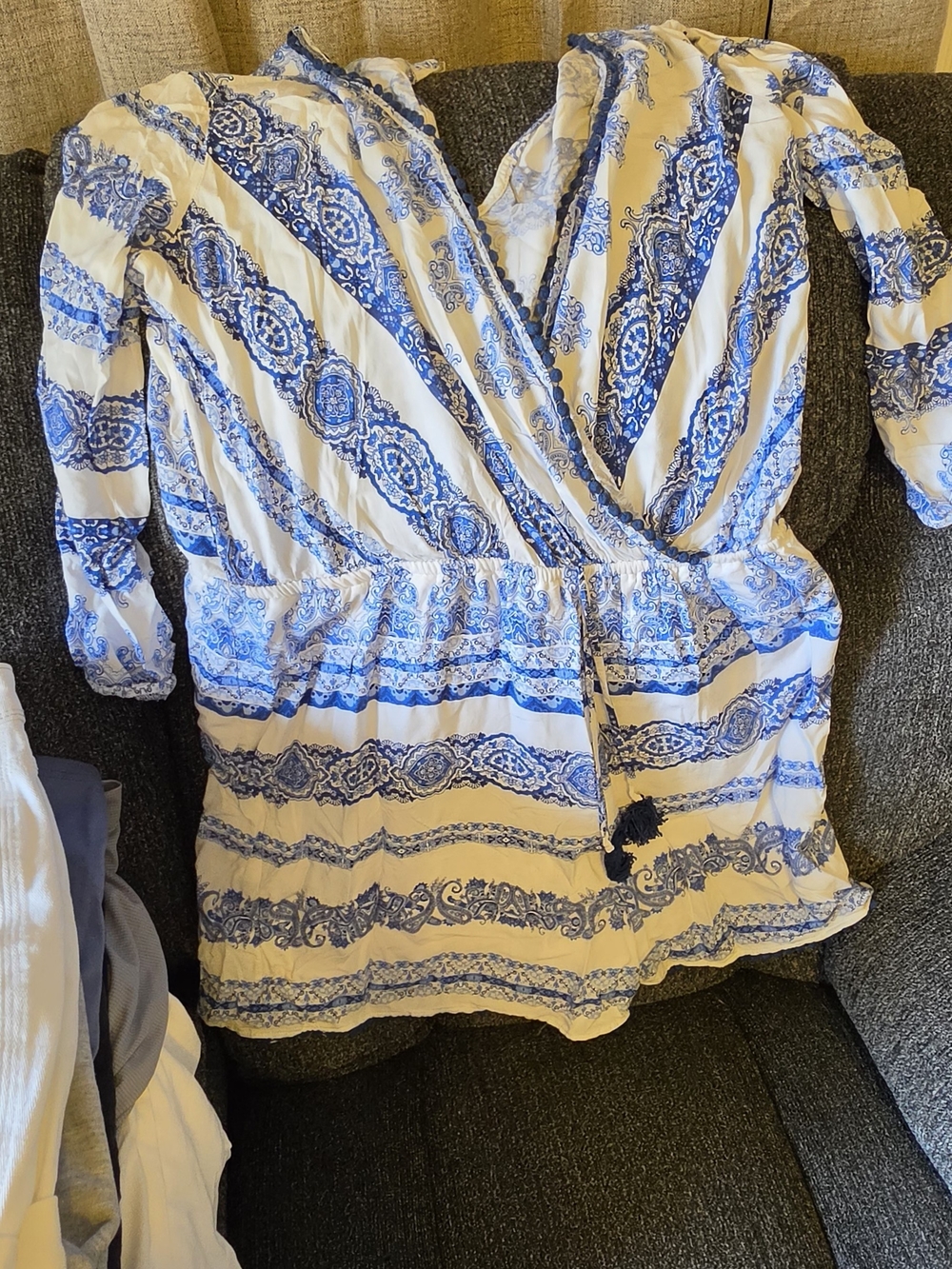 Maurices Blue & White Printed Wrap Jumpsuit Romper
